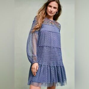 Anthropologie Long Sleeve Maeve Samara Mesh Tunic Dress w Embroidered Yoke